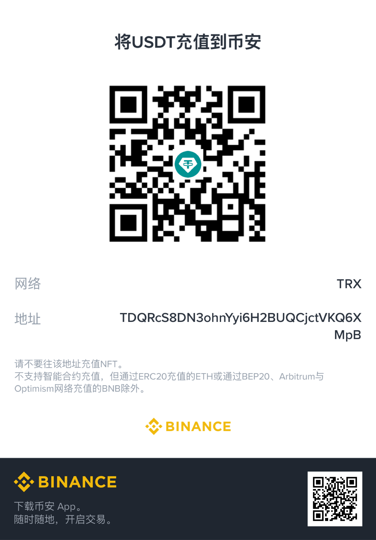 USDT收款二维码、TRX网络及收款地址
